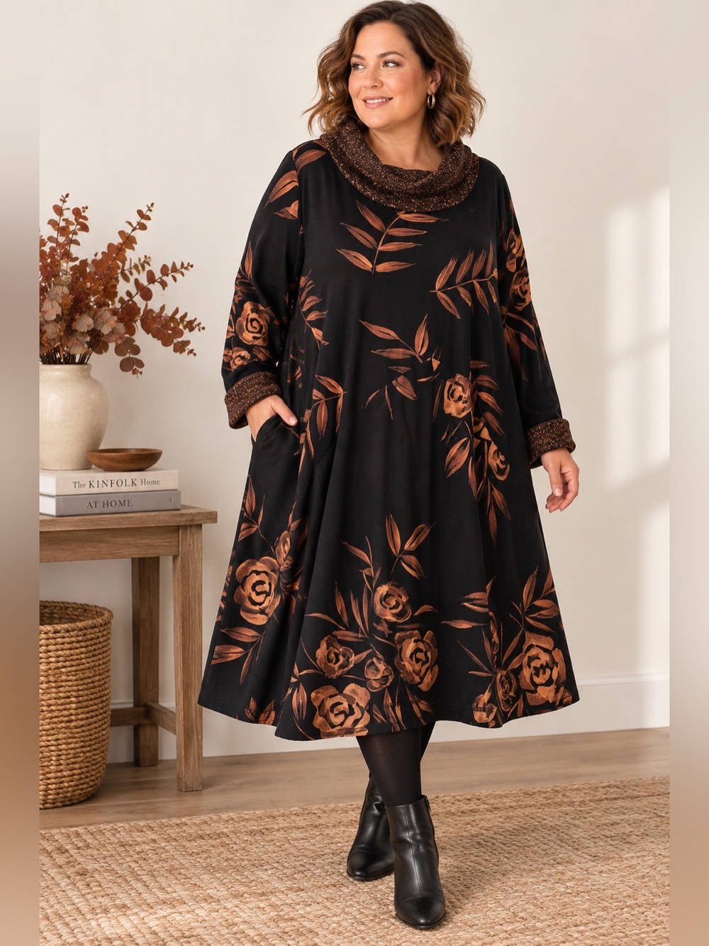 Vintage 90s Black Copper Rose Art to Wear Swing Dress 4X